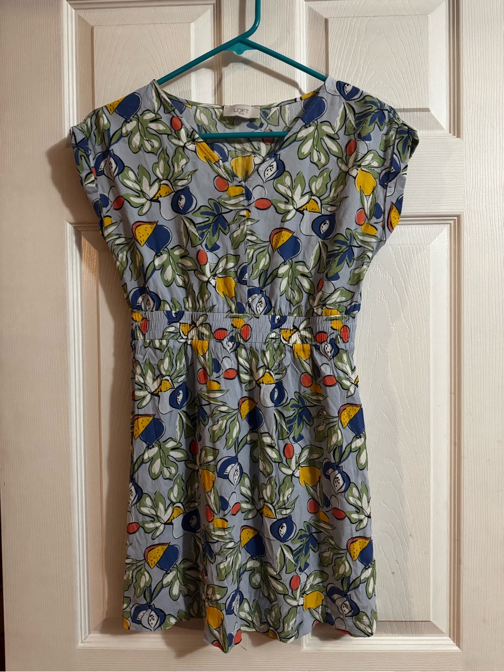 LOFT Light Blue Floral Fruit-Print Mini Dress with Yellow and Green Accents
